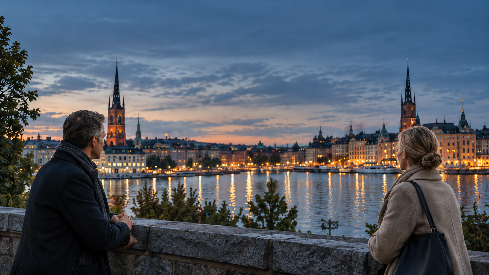 Ett moget par med utsikt över Stockholm och vattnet i skymningen